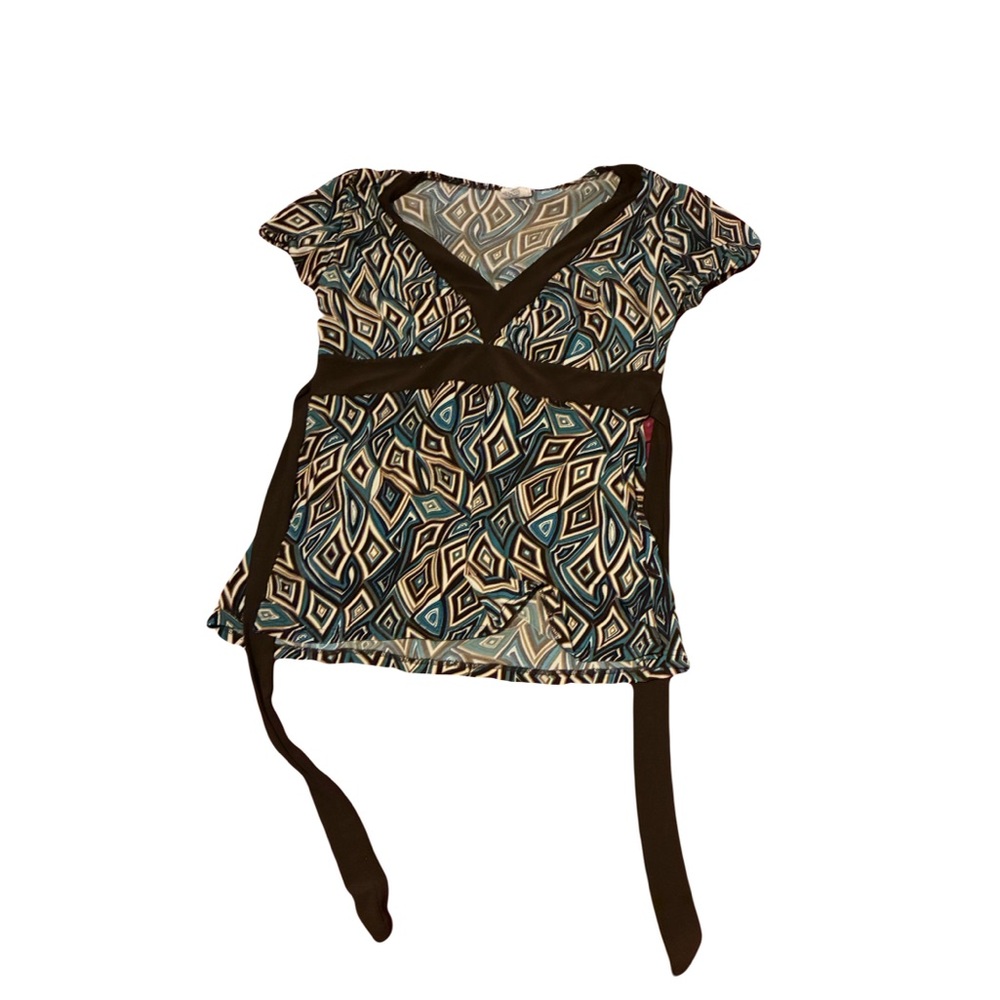 Vintage Y2K Studio Y Geometric Wrap Blouse in Teal and Brown